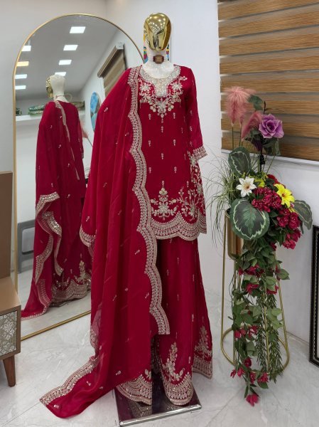 Chic Rani Pink Fendy Satin Kurta And Sharara Set Using Codding Work For Party Wear Ready To Wear Collection