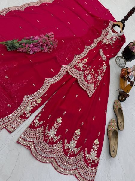 Chic Rani Pink Fendy Satin Kurta And Sharara Set Using Codding Work For Party Wear Ready To Wear Collection