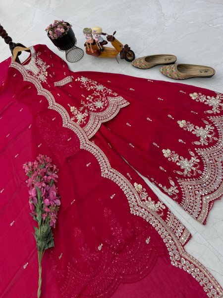 Chic Rani Pink Fendy Satin Kurta And Sharara Set Using Codding Work For Party Wear Ready To Wear Collection