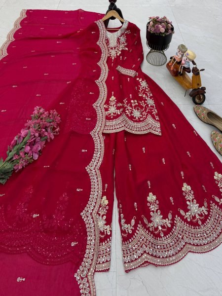Chic Rani Pink Fendy Satin Kurta And Sharara Set Using Codding Work For Party Wear Ready To Wear Collection