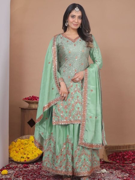 Chief Style Pista Green Chinon Sequence Embroidered Top Sharara Set with Dupatta 
