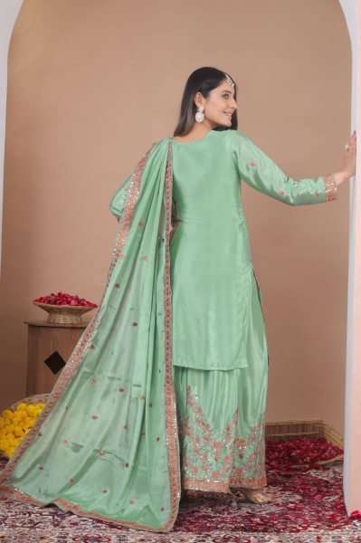 Chief Style Pista Green Chinon Sequence Embroidered Top Sharara Set with Dupatta Ready To Wear Collection