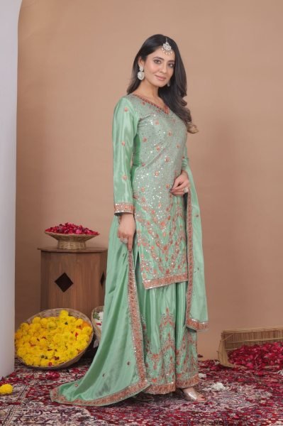 Chief Style Pista Green Chinon Sequence Embroidered Top Sharara Set with Dupatta Ready To Wear Collection