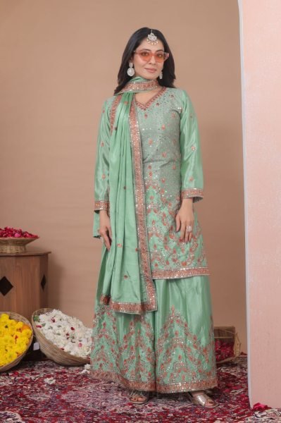 Chief Style Pista Green Chinon Sequence Embroidered Top Sharara Set with Dupatta Ready To Wear Collection