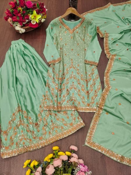 Chief Style Pista Green Chinon Sequence Embroidered Top Sharara Set with Dupatta Ready To Wear Collection