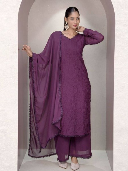 Royal Purple Chikankari Embroidery 3 Piece Fox Georgette Suit with Pant and Dupatta Set at Low Price 