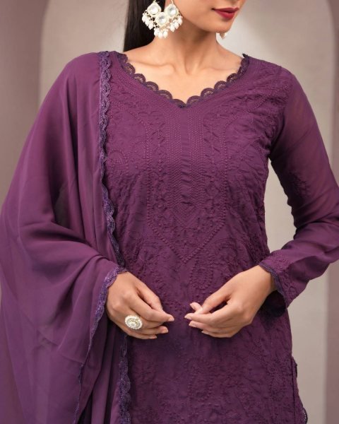 Royal Purple Chikankari Embroidery 3 Piece Fox Georgette Suit with Pant and Dupatta Set at Low Price Lucknowi Chikankari Kurtis Wholesale