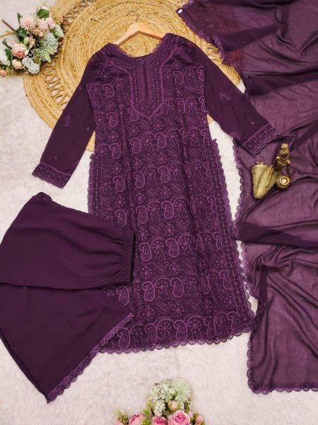 Royal Purple Chikankari Embroidery 3 Piece Fox Georgette Suit with Pant and Dupatta Set at Low Price Lucknowi Chikankari Kurtis Wholesale
