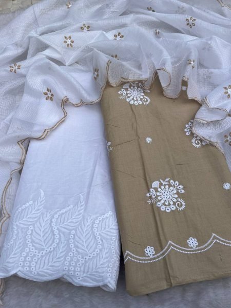 Chikankari Palazzo Suit White and Brown Ideal for Summer Celebrations  Dress Material 