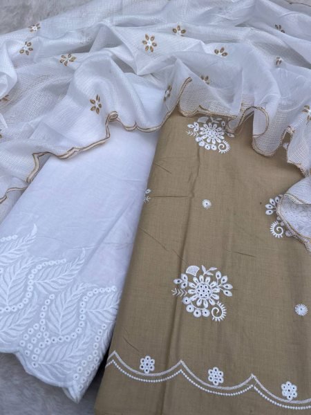 Chikankari Palazzo Suit White and Brown Ideal for Summer Celebrations  Color Set Matching Dress Material Wholesale