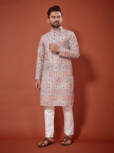 Chikankari Printed Cotton Mens Kurta Pajama   Kurta Pajama Wholesale