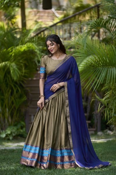 Chiku Color Poly Cotton Saree Lehenga Choli with Unstitched Blouse   Georgette Dupatta Half Saree Lehenga