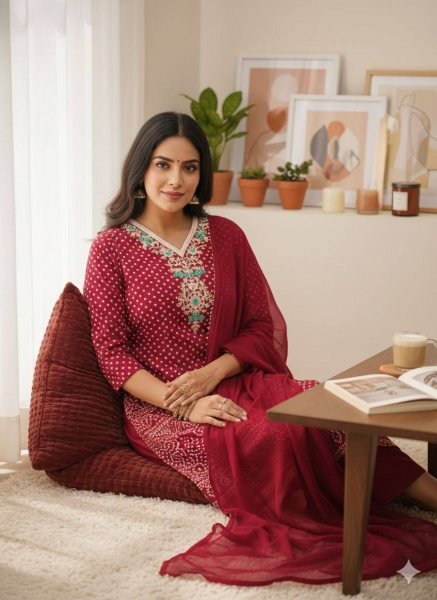 Chinon Bandhani Thread Embroidered Straight cut long kurti Printed Kurtis