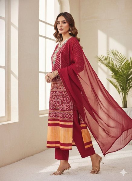 Chinon Bandhani Thread Embroidered Straight cut long kurti Printed Kurtis