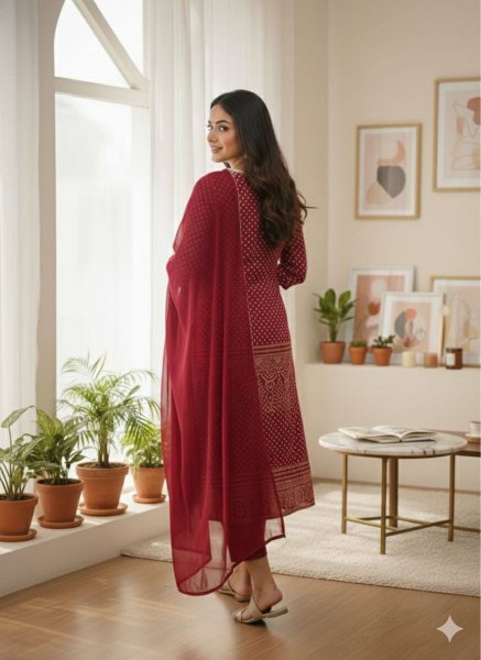 Chinon Bandhani Thread Embroidered Straight cut long kurti Printed Kurtis