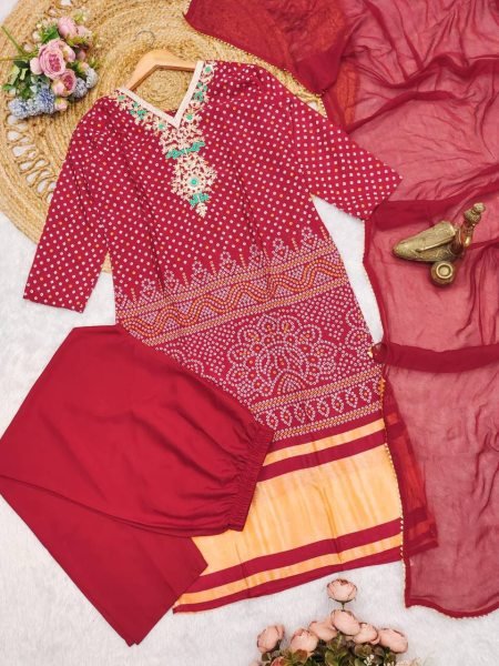 Chinon Bandhani Thread Embroidered Straight cut long kurti Printed Kurtis