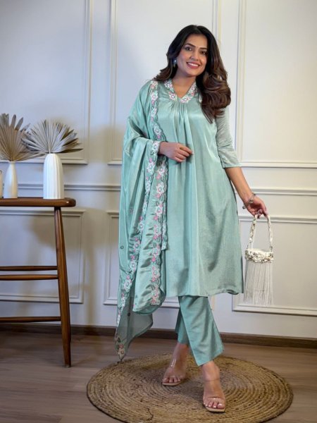 Chinon Embroidered Kurti Set with Soft Rayon Bottom and Dupatta Premium 3 Piece Suit at Low Price 3 Piece Kurti Set