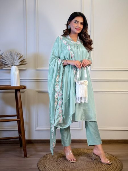 Chinon Embroidered Kurti Set with Soft Rayon Bottom and Dupatta Premium 3 Piece Suit at Low Price 3 Piece Kurti Set