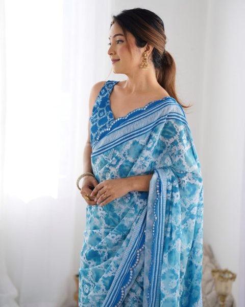 Chinon Mirror Work Saree with Kutchi Lace Party Wear Saree for Women Wholesale Deal  Designer Wedding Sarees Wholesale