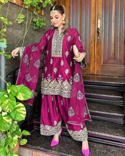 Chinon Silk Embroidered Kurti Palazzo Set with Fancy Dupatta Ready to Wear Collection from Surat Wholesaler Ready To Wear Collection