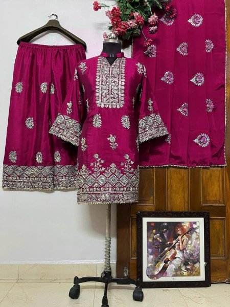 Chinon Silk Embroidered Kurti Palazzo Set with Fancy Dupatta Ready to Wear Collection from Surat Wholesaler Ready To Wear Collection