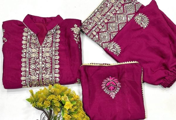 Chinon Silk Embroidered Kurti Palazzo Set with Fancy Dupatta Ready to Wear Collection from Surat Wholesaler Ready To Wear Collection