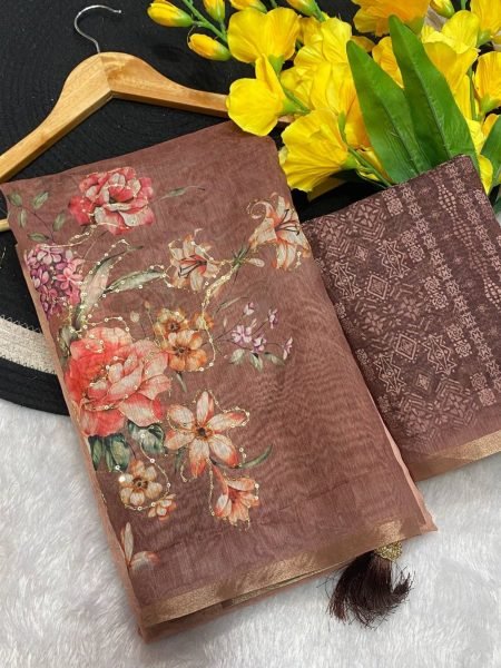 Chocolate Brown Linen Saree with Elegant Floral Print and Zari Border for Weddings Printed Cotton Sarees Wholesale