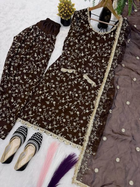 Chocolate Brown Trendy Viral Farshi Salwar Set For Women Latest Collection Ready To Wear Collection