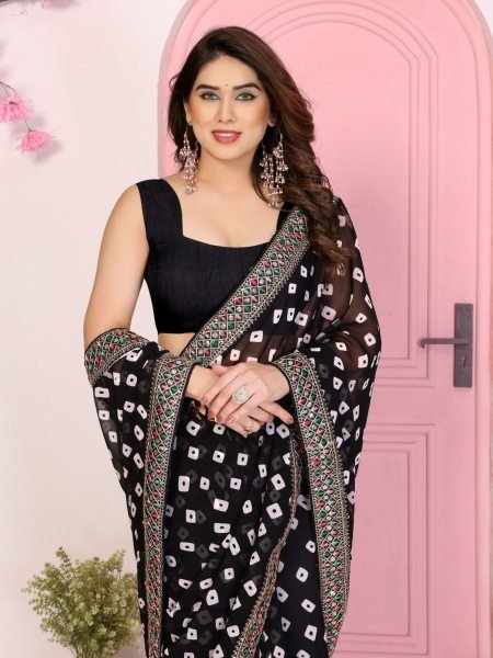 Classic Black Bandhani Georgette Saree with Embroidery for Evening Parties  Sarees 