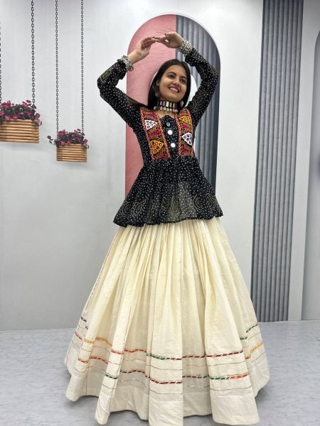 Classic Black Bandhej Khadi Cotton Lehenga with Gamthi Work Choli  Lehenga
