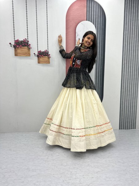 Classic Black Bandhej Khadi Cotton Lehenga with Gamthi Work Choli Navratri Lehnega Choli