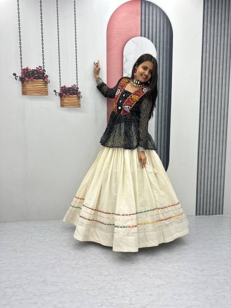 Classic Black Bandhej Khadi Cotton Lehenga with Gamthi Work Choli Navratri Lehnega Choli