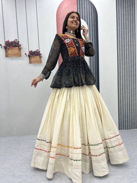 Classic Black Bandhej Khadi Cotton Lehenga with Gamthi Work Choli Navratri Lehnega Choli