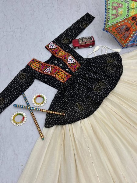 Classic Black Bandhej Khadi Cotton Lehenga with Gamthi Work Choli Navratri Lehnega Choli