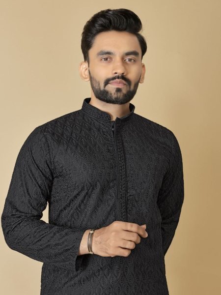 Classic Black Cotton Kurta with Tonal Thread Work Traditional Mens wear for Export Orders Mens Wear