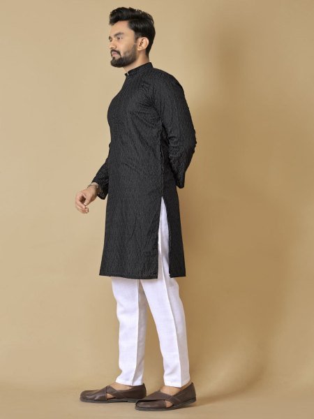 Classic Black Cotton Kurta with Tonal Thread Work Traditional Mens wear for Export Orders Kurta Pajama Wholesale