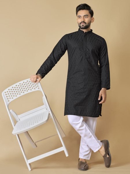 Classic Black Cotton Kurta with Tonal Thread Work Traditional Mens wear for Export Orders Kurta Pajama Wholesale