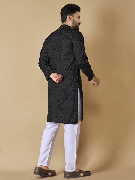 Classic Black Cotton Kurta with Tonal Thread Work Traditional Mens wear for Export Orders Kurta Pajama Wholesale
