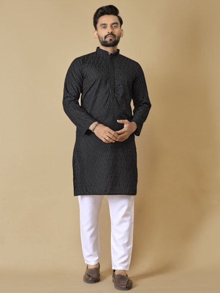 Classic Black Cotton Kurta with Tonal Thread Work Traditional Mens wear for Export Orders Kurta Pajama Wholesale