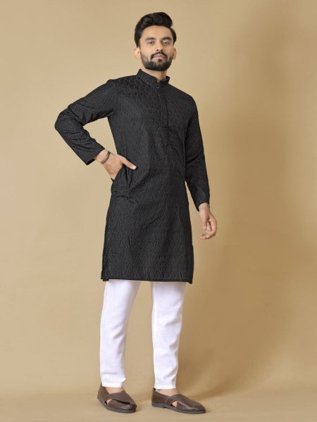 Classic Black Cotton Kurta with Tonal Thread Work Traditional Mens wear for Export Orders Kurta Pajama Wholesale