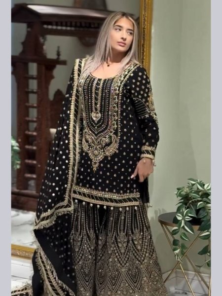 Classic Black Heavy Embroidered Sharara Suit Full Stitched for Women  Ready To Wear Suit