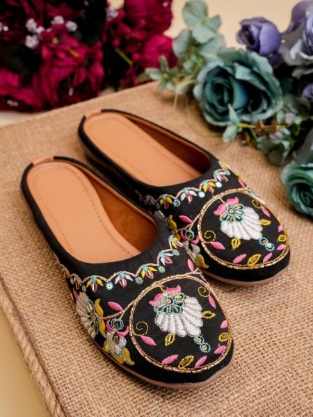 classic black jutti with colorful thread work soft comfort slip ons Sarees 