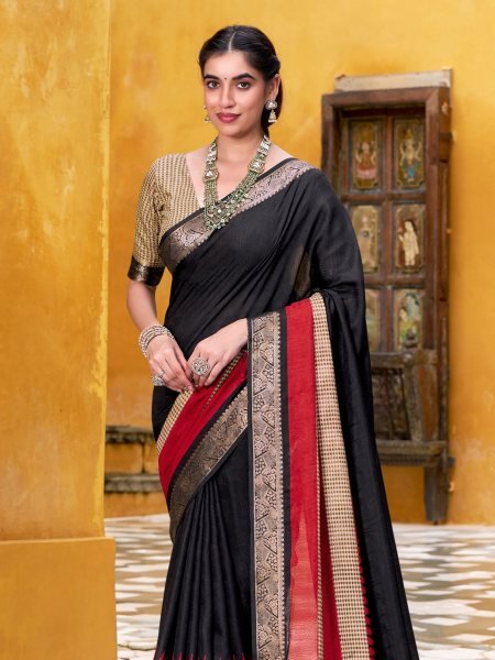 Classic Black Poly Cotton Saree with Printed Pallu Designer Wholesale Collection  Sarees 