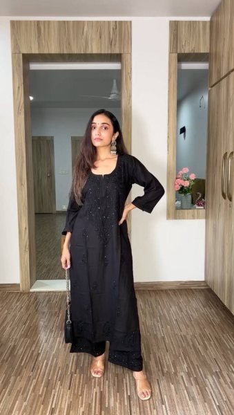 Classic Black Rayon Palazzo Set with Heavy Sequence Embroidery Evening Wear Embroidery Kurtis 