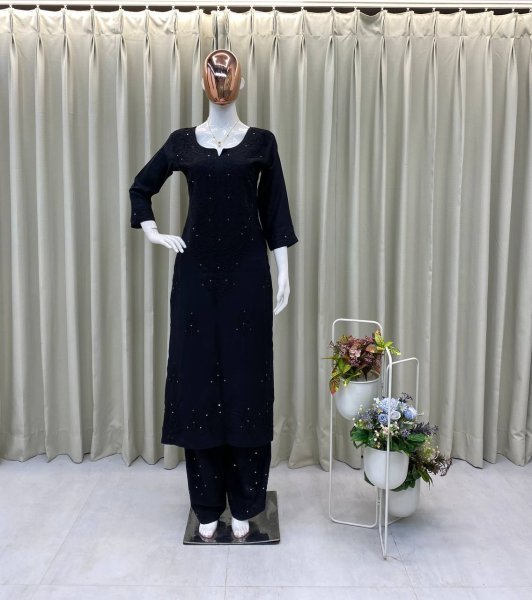 Classic Black Rayon Palazzo Set with Heavy Sequence Embroidery Evening Wear Embroidery Kurtis 