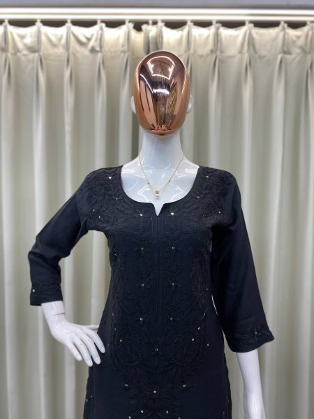 Classic Black Rayon Palazzo Set with Heavy Sequence Embroidery Evening Wear Embroidery Kurtis 