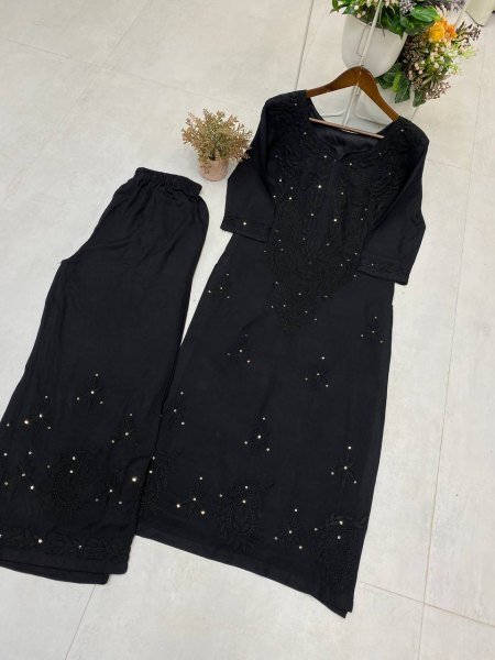 Classic Black Rayon Palazzo Set with Heavy Sequence Embroidery Evening Wear Embroidery Kurtis 
