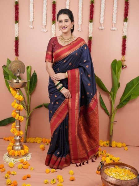 Classic Blue Silk Saree with Dual Tone Finish and Rich Zari Detailing South Indian Saree 