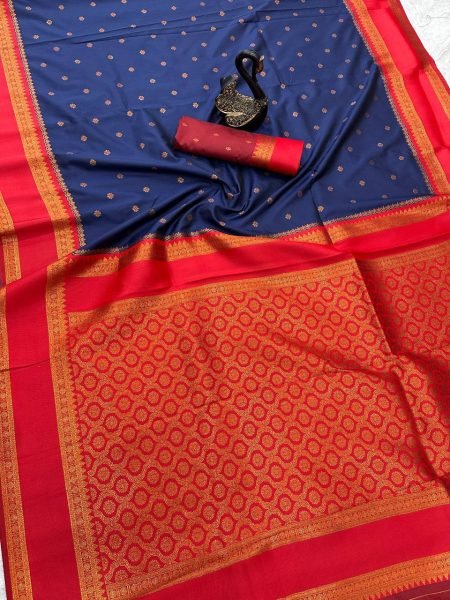 Classic Blue Silk Saree with Dual Tone Finish and Rich Zari Detailing South Indian Saree 
