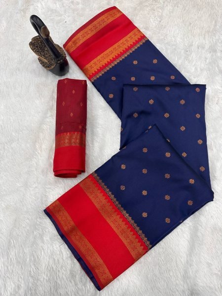 Classic Blue Silk Saree with Dual Tone Finish and Rich Zari Detailing South Indian Saree 